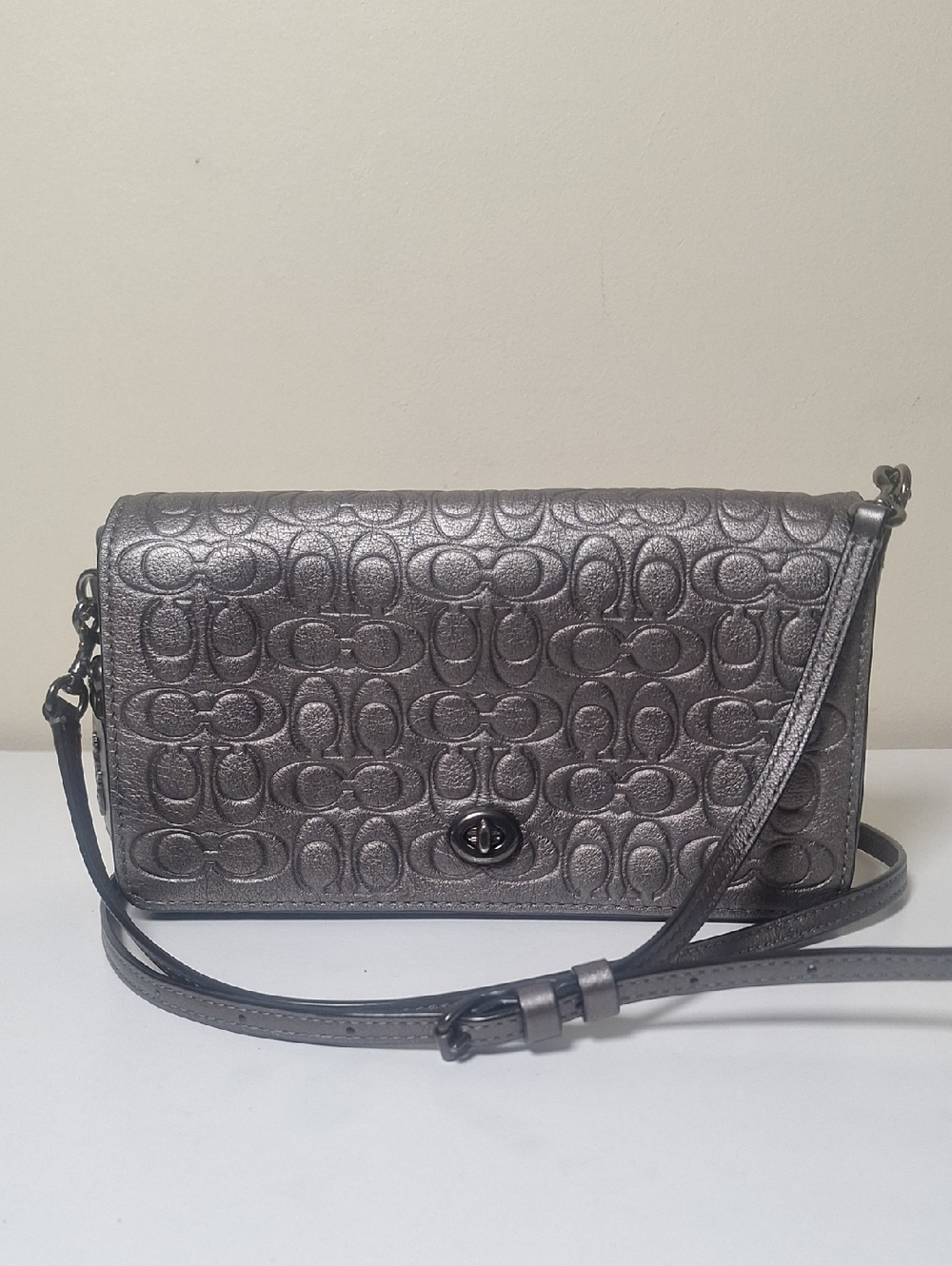Coach 1941 Signature Leather  Dinky Crossbody Purse Graphite Metalic